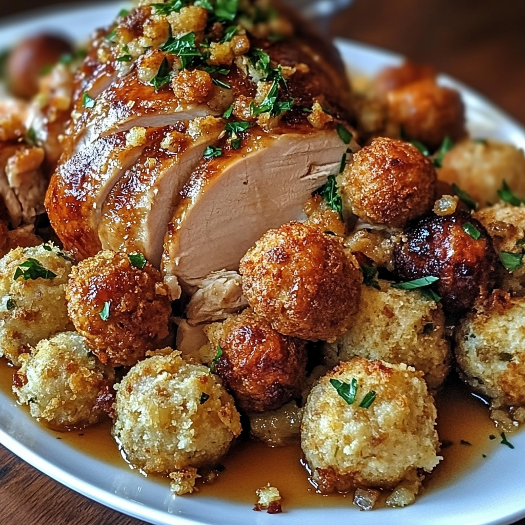 Golden crispy turkey and stuffing balls served with dipping sauces and fresh herbs.