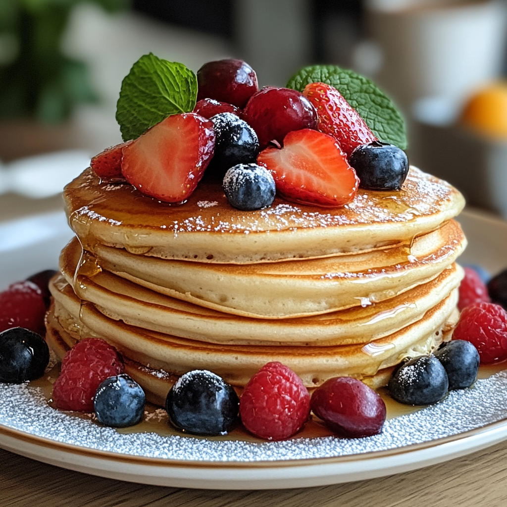 Stack of fluffy buttermilk pancakes topped with fresh blueberries, strawberries, and a drizzle of maple syrup