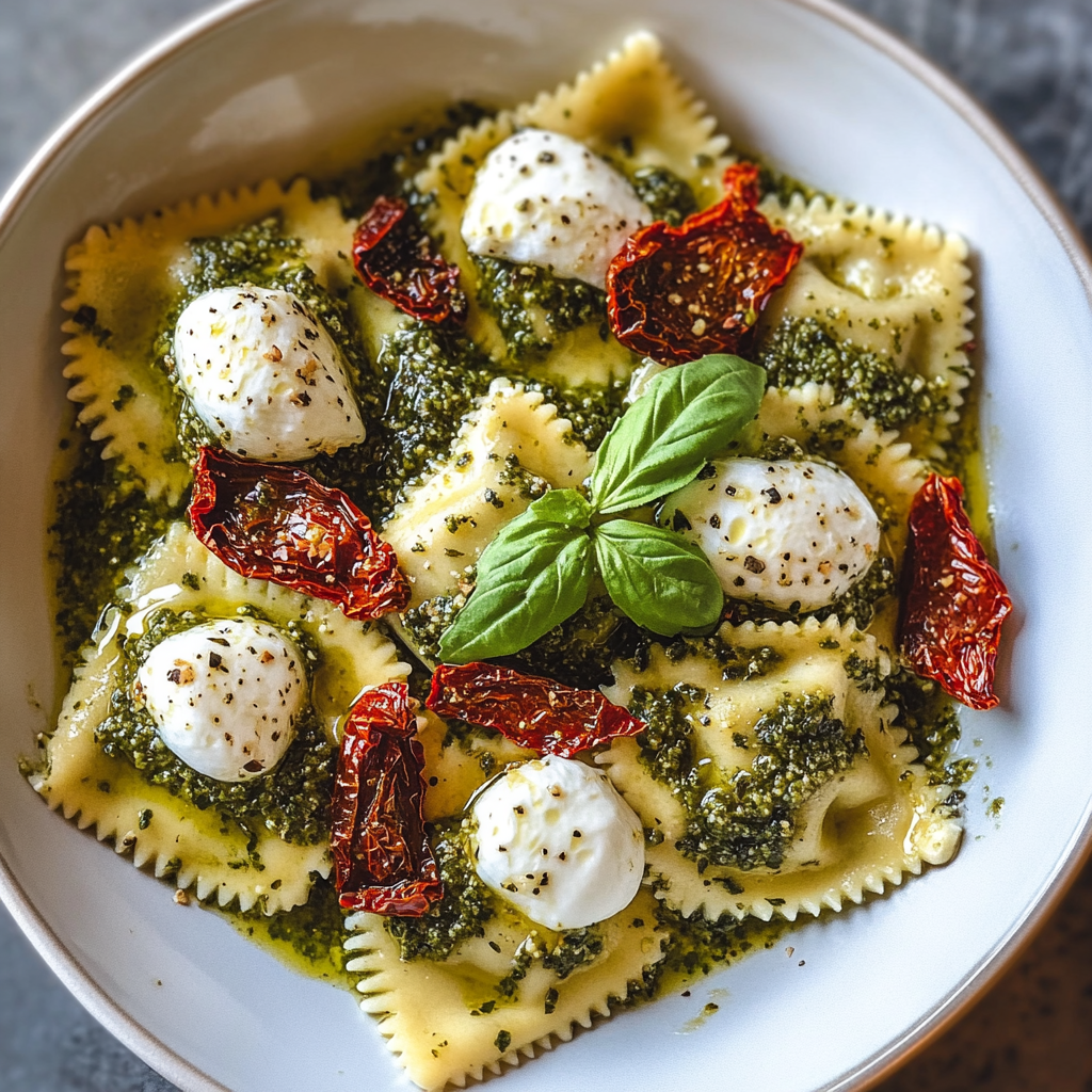 creamy pesto ravioli topped with melted mozzarella and sun-dried tomatoes.