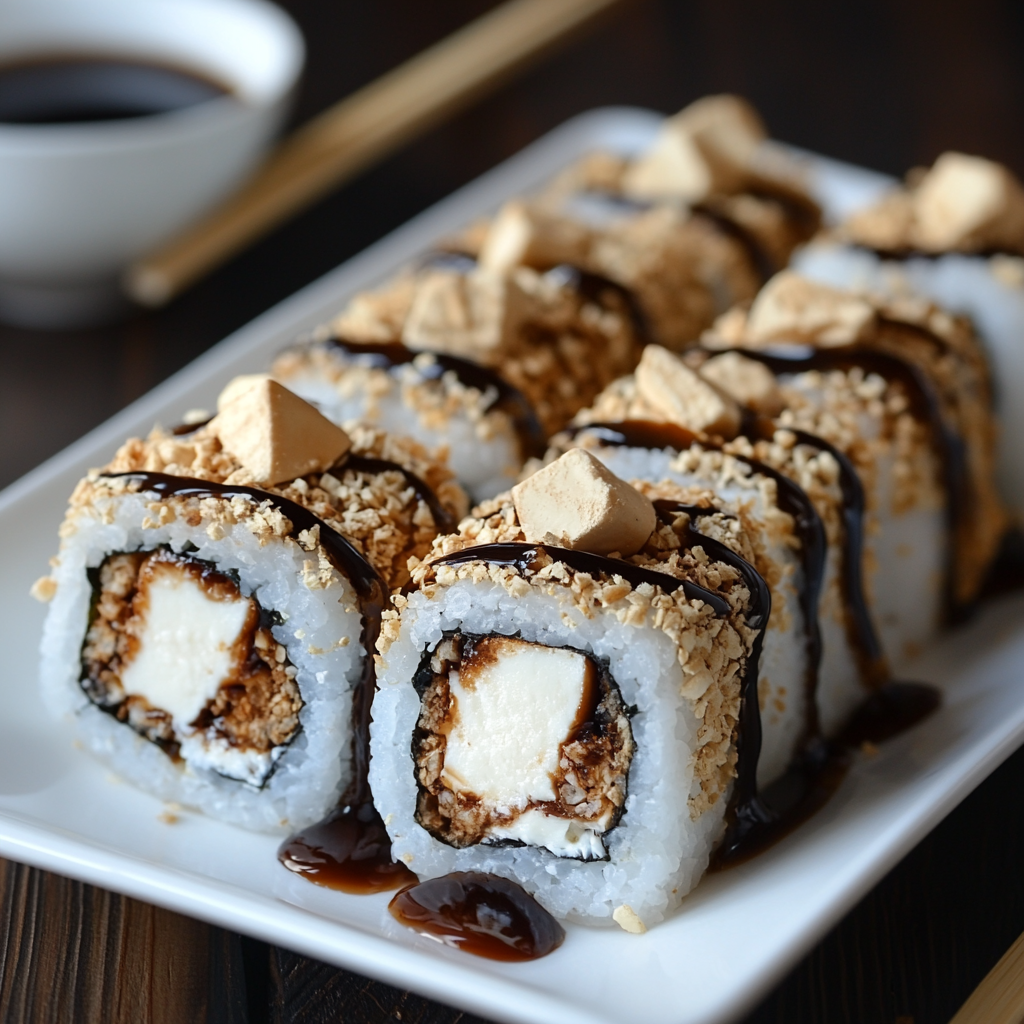 Smores Sushi rolls made with marshmallows, chocolate, and graham crackers, served on a wooden sushi board.