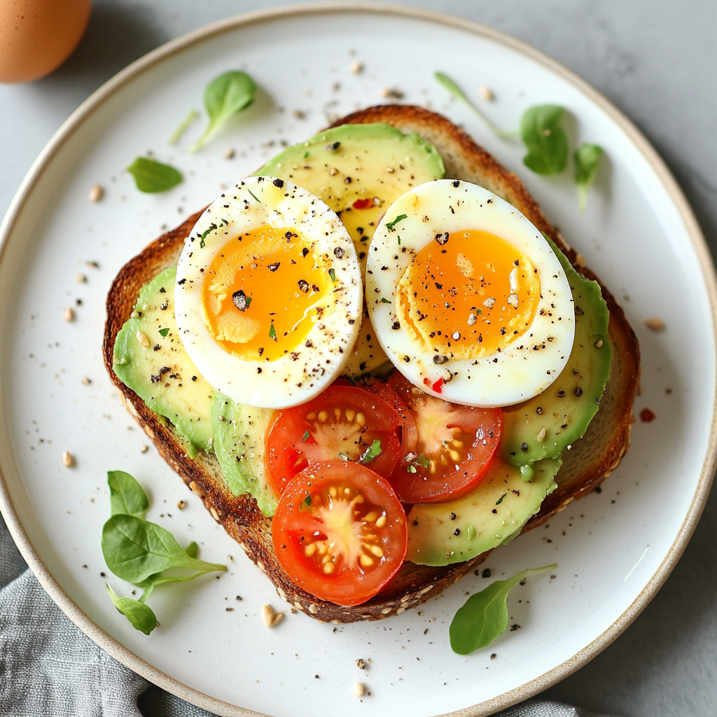 Avocado toast with boiled eggs topped with herbs and chili flakes on a wooden plate.