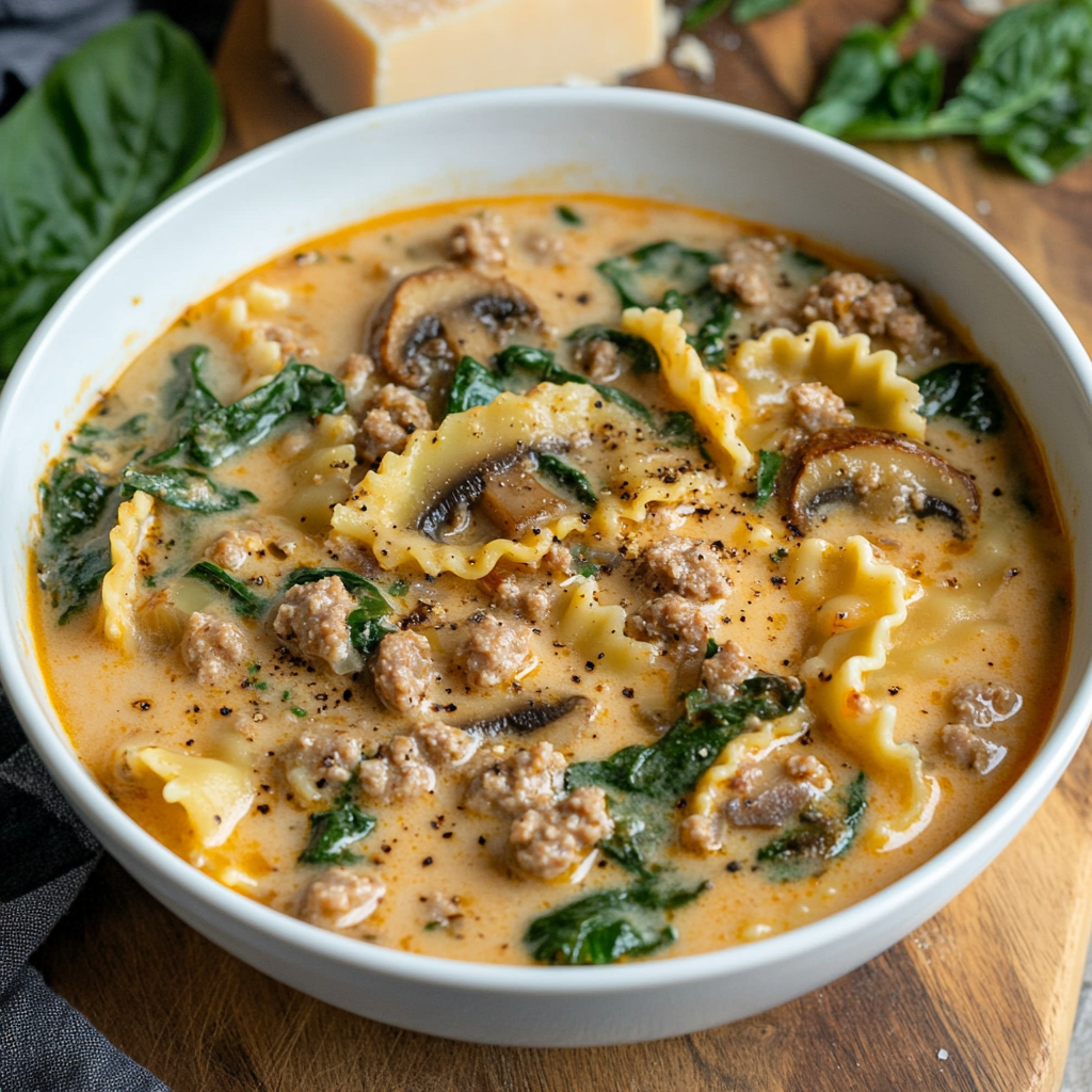 A steaming bowl of creamy sausage lasagna soup with melted cheese, herbs, and broken lasagna noodles.