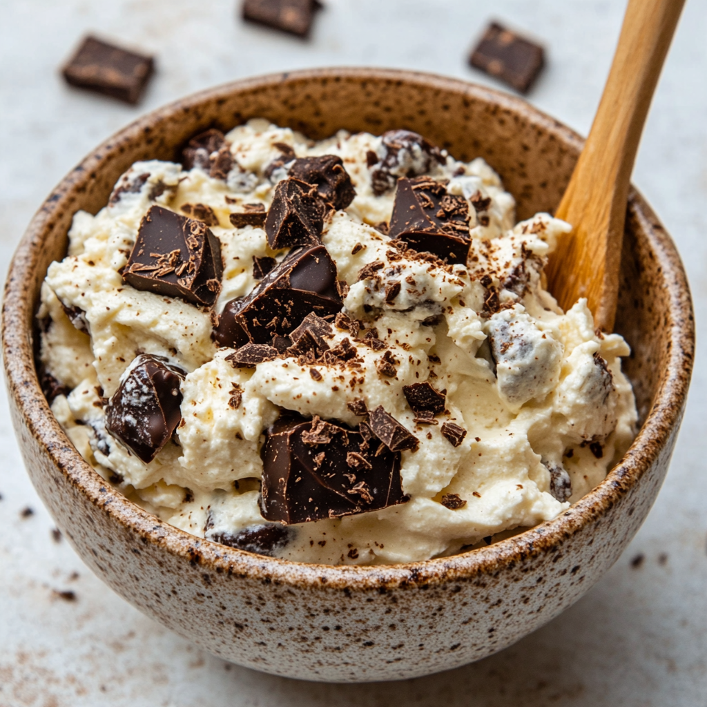Close-up of a bowl of creamy chocolate chip cannoli dip surrounded by dippers like fruit and cookies.