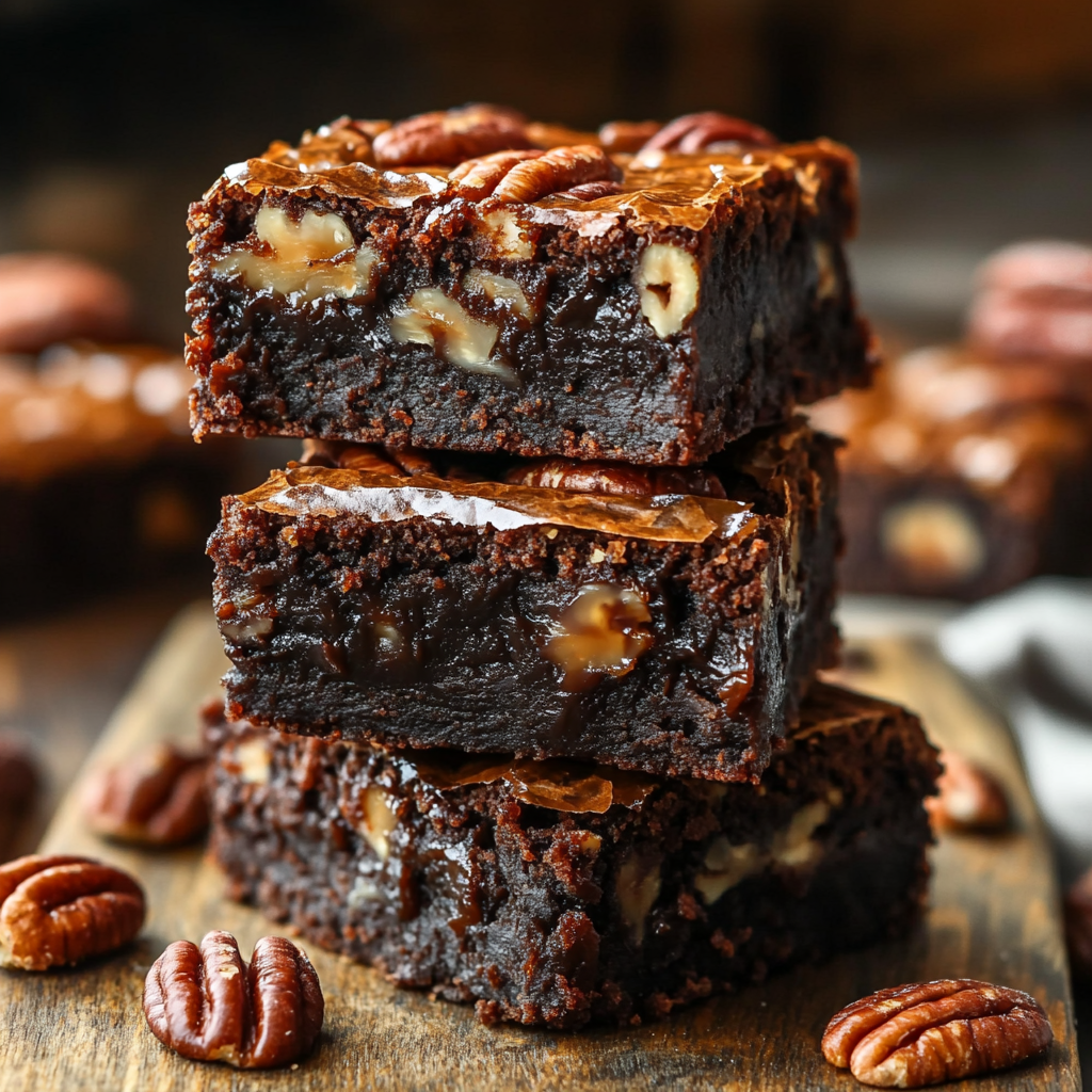 Close-up of gooey fudgy pecan brownies stacked, with melted chocolate and roasted pecans visible on top