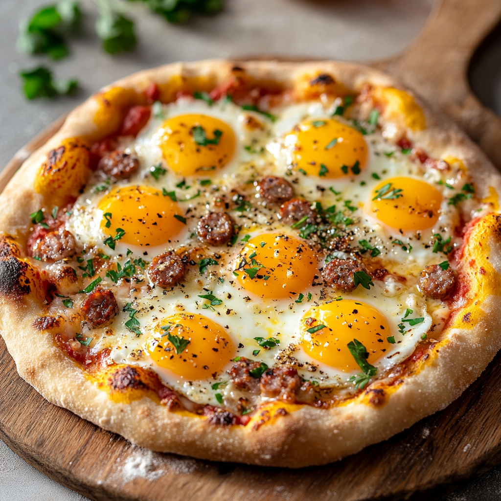 A freshly baked sausage and egg pizza with a crispy crust, melted cheese, and sunny-side-up eggs.