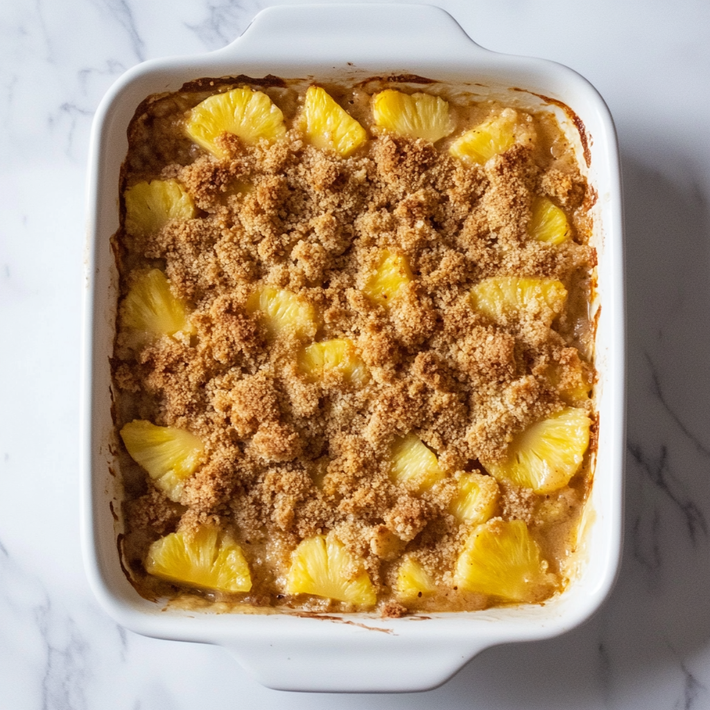 Golden Pineapple Casserole topped with buttery Ritz crackers in a baking dish