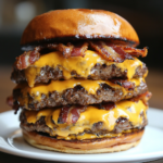 Triple-stacked cheeseburger with crispy bacon layers and a glossy brioche bun on a white plate.