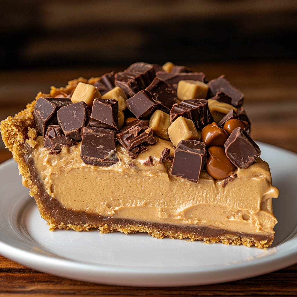 Slice of creamy peanut butter pie topped with rich chocolate chunks and caramel pieces on a white plate.