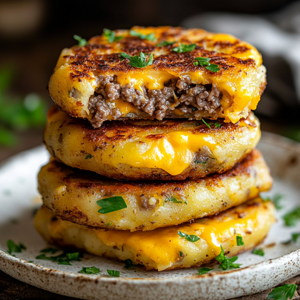 Cheesy Stuffed Potato Patties served golden and crispy with dipping sauce on a plate