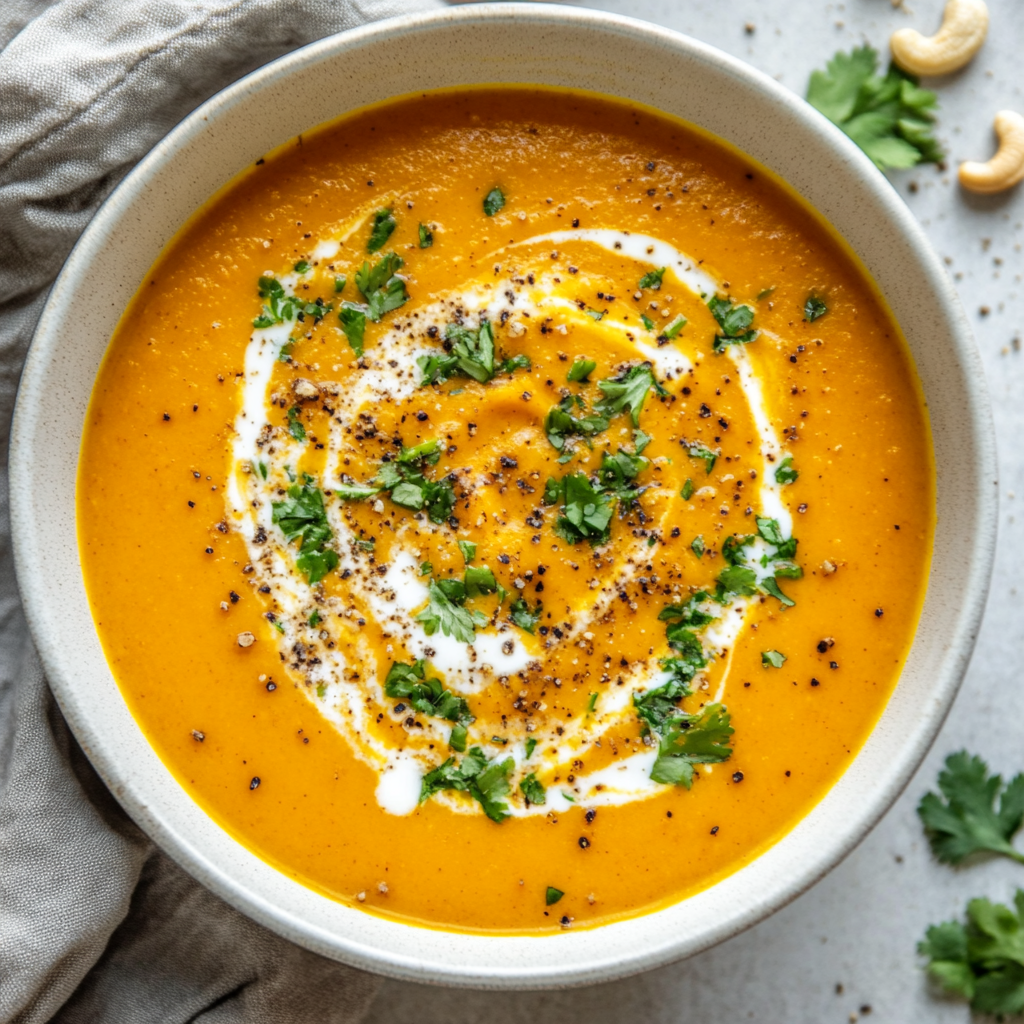 A steaming bowl of curried butternut squash soup garnished with fresh herbs and a swirl of coconut cream.