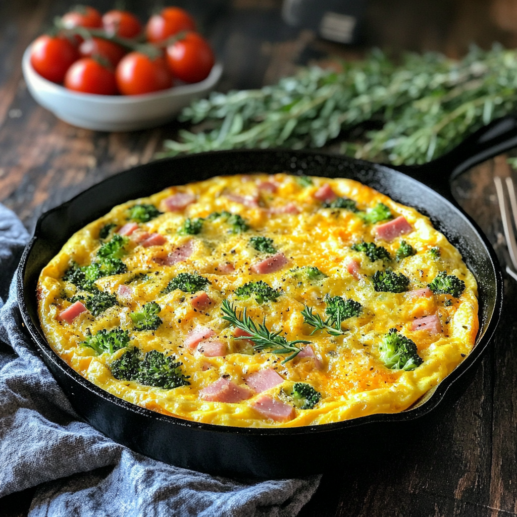 Golden Ham Broccoli Cheese Frittata in a cast-iron skillet with fresh broccoli and cheese on top