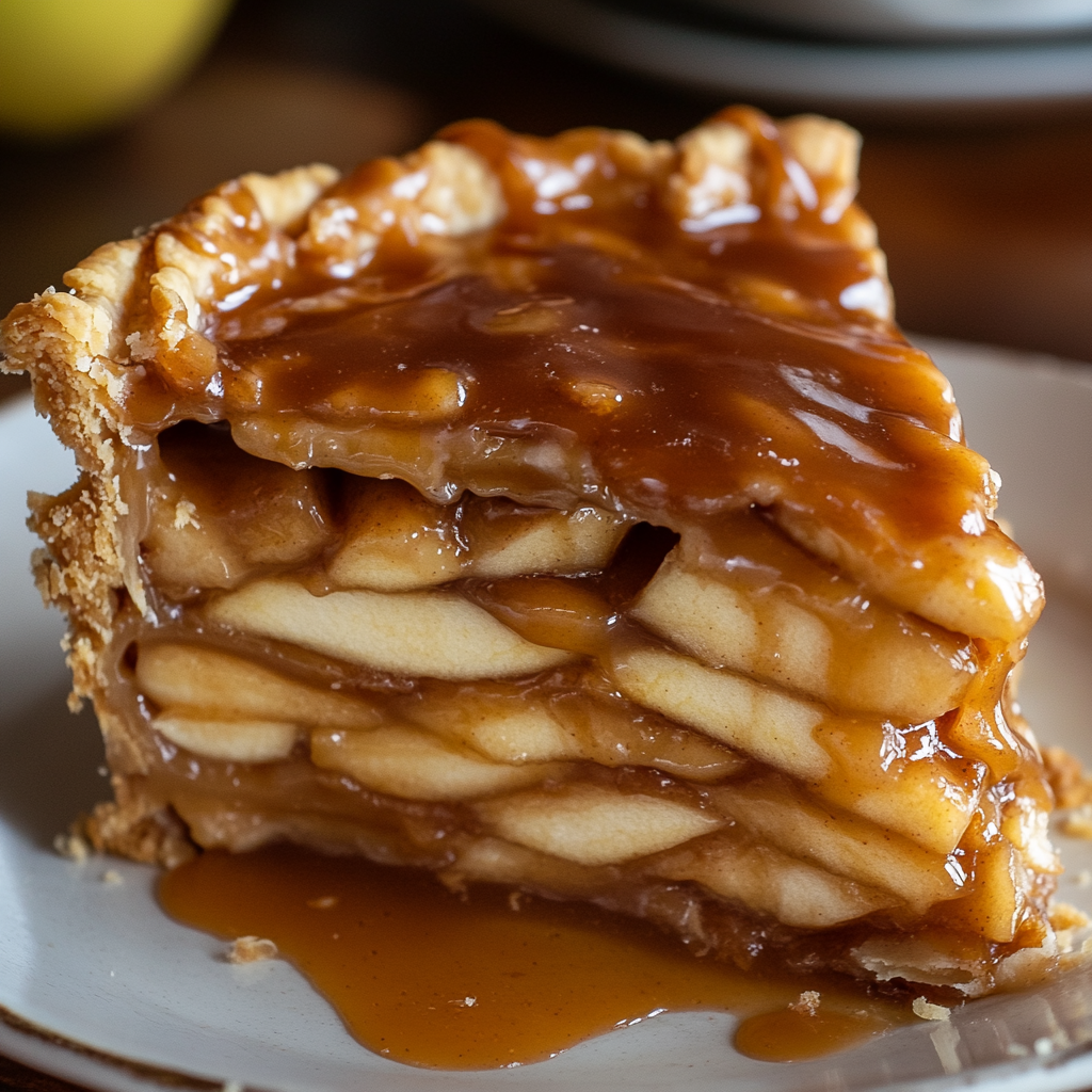 Homemade caramel apple pie with a flaky crust and gooey caramel sauce on a wooden table
