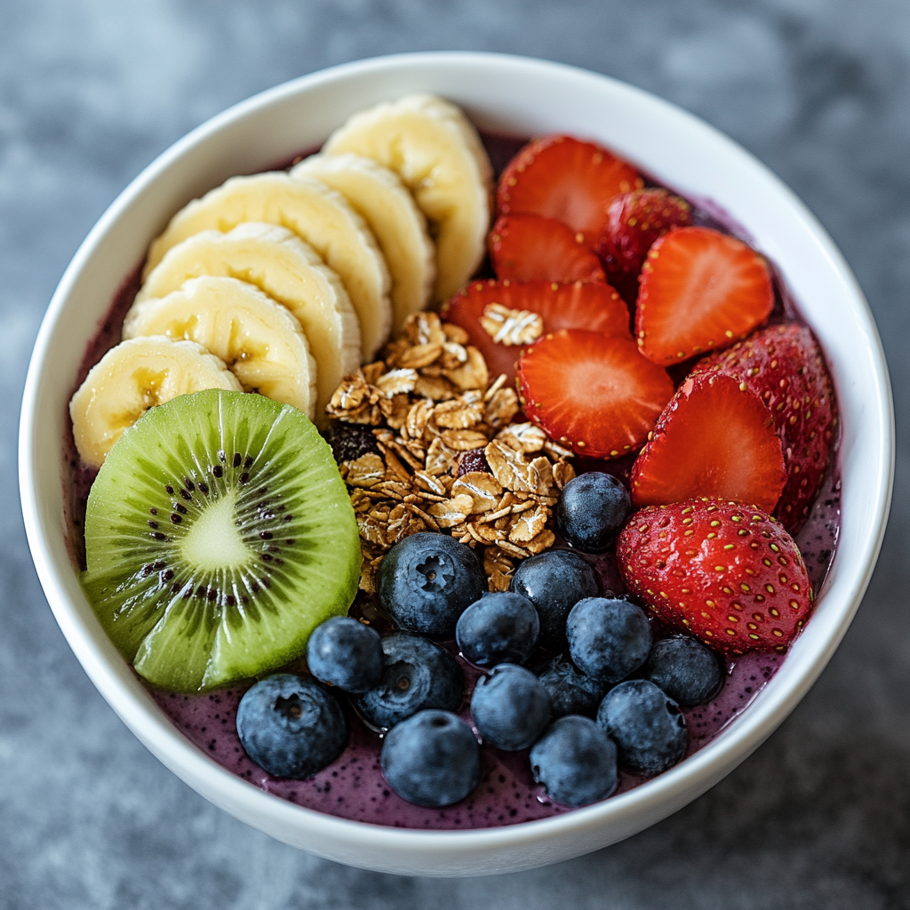 A vibrant Berry Bliss Smoothie Bowl topped with granola, fresh berries, coconut flakes, and seeds, served in a white bowl with a spoon on the side.