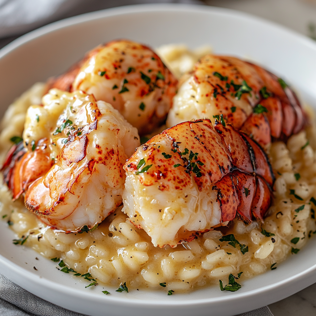 A beautifully plated creamy lobster risotto topped with herb butter and fresh herbs, served in a white bowl on a wooden table