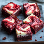 red velvet cheesecake brownies with a vibrant red and white swirl pattern on top, arranged on a dark serving plate.