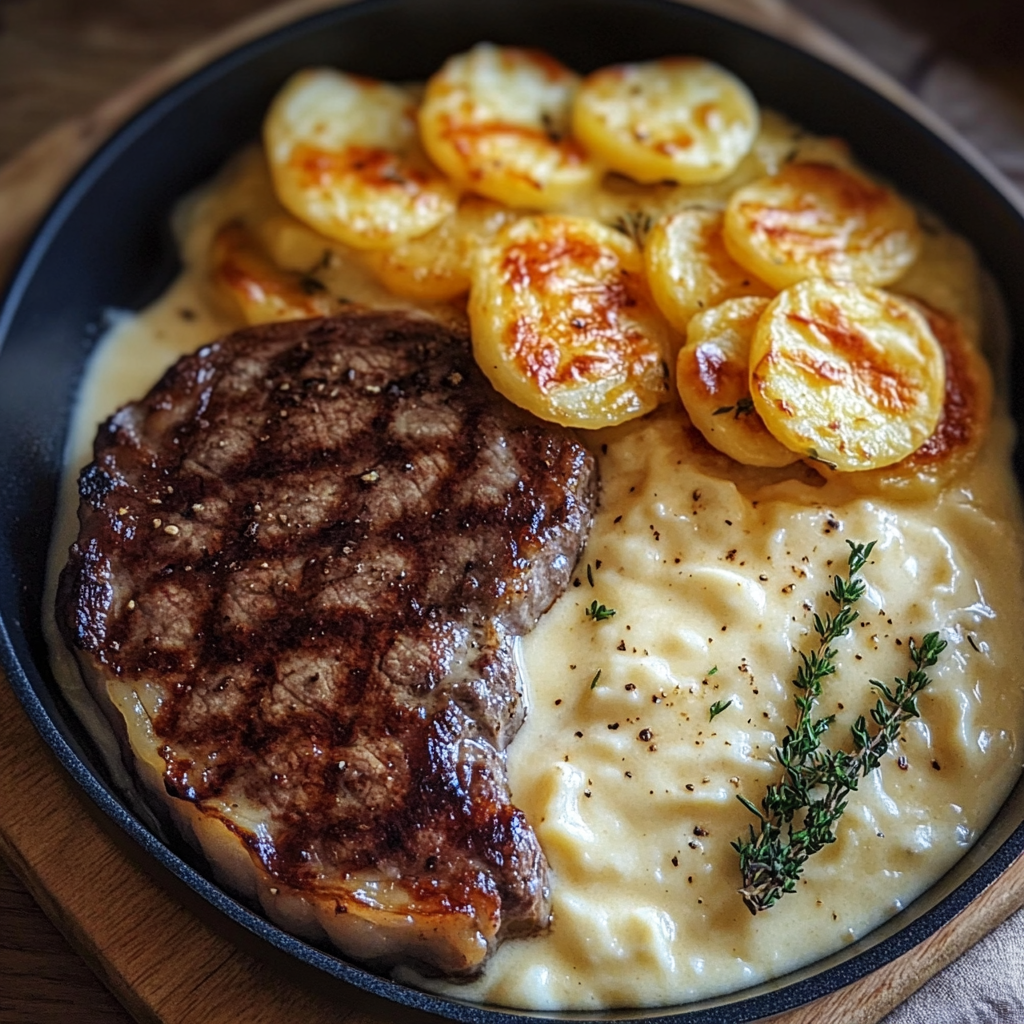 A perfectly grilled ribeye steak served with creamy mashed potatoes and golden, cheesy au gratin potatoes, garnished with fresh thyme for a classic, comforting meal.