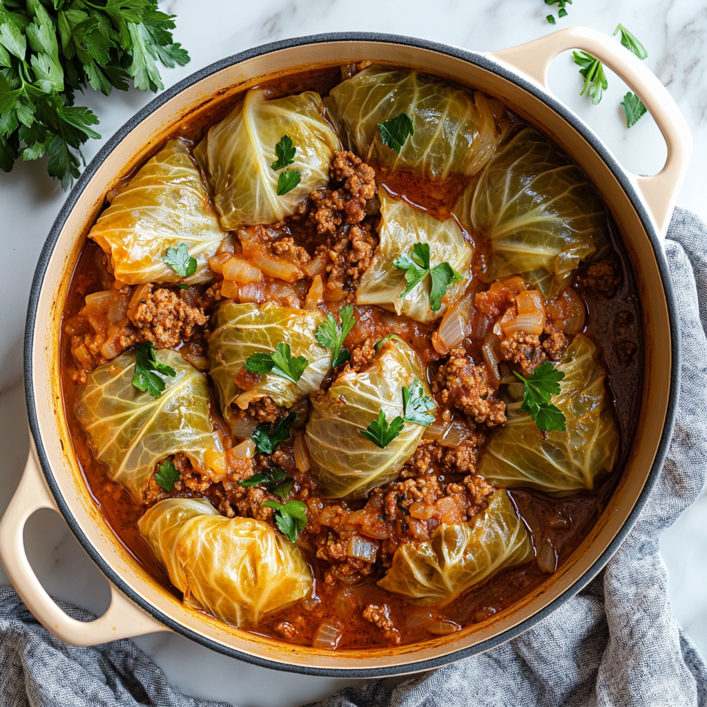 A pot of stuffed cabbage rolls simmered in a rich tomato-based sauce, garnished with fresh parsley, with a side of herbs in the background.