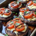 Caprese stuffed mushrooms with melted mozzarella, cherry tomatoes, and fresh basil