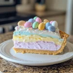 A colorful Easter Jell-O Pie with pastel layers, whipped cream, and festive sprinkles in a graham cracker crust.