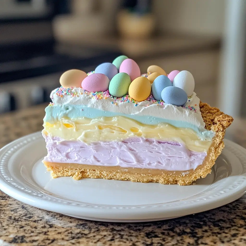 A colorful Easter Jell-O Pie with pastel layers, whipped cream, and festive sprinkles in a graham cracker crust.