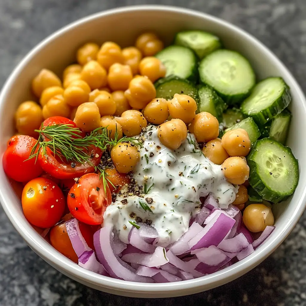 A fresh and colorful chickpea salad bowl with cherry tomatoes, sliced cucumbers, red onions, a dollop of yogurt, fresh dill, black pepper, and a drizzle of olive oil.