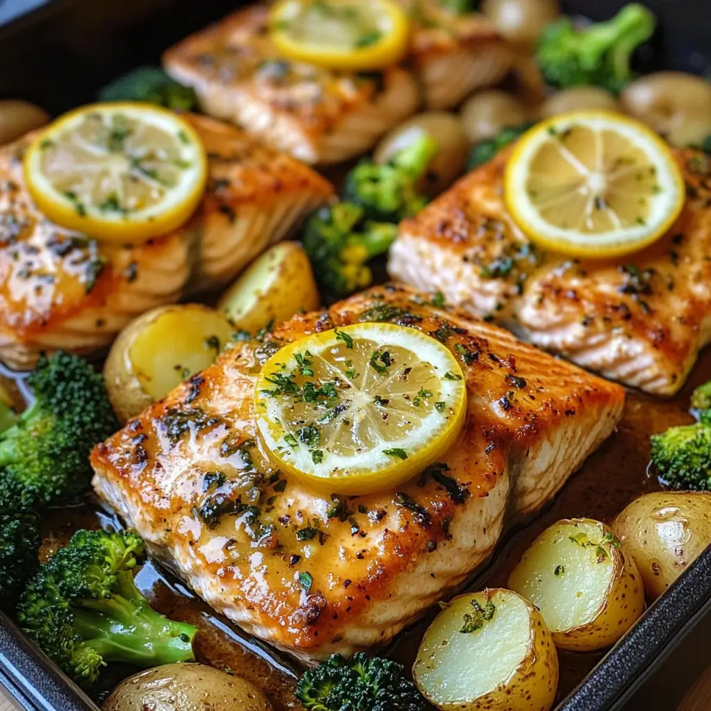 Baked salmon fillet with lemon butter sauce and roasted vegetables