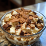 A bowl of no-bake bread pudding topped with crumbled pieces of bread and a dusting of cinnamon