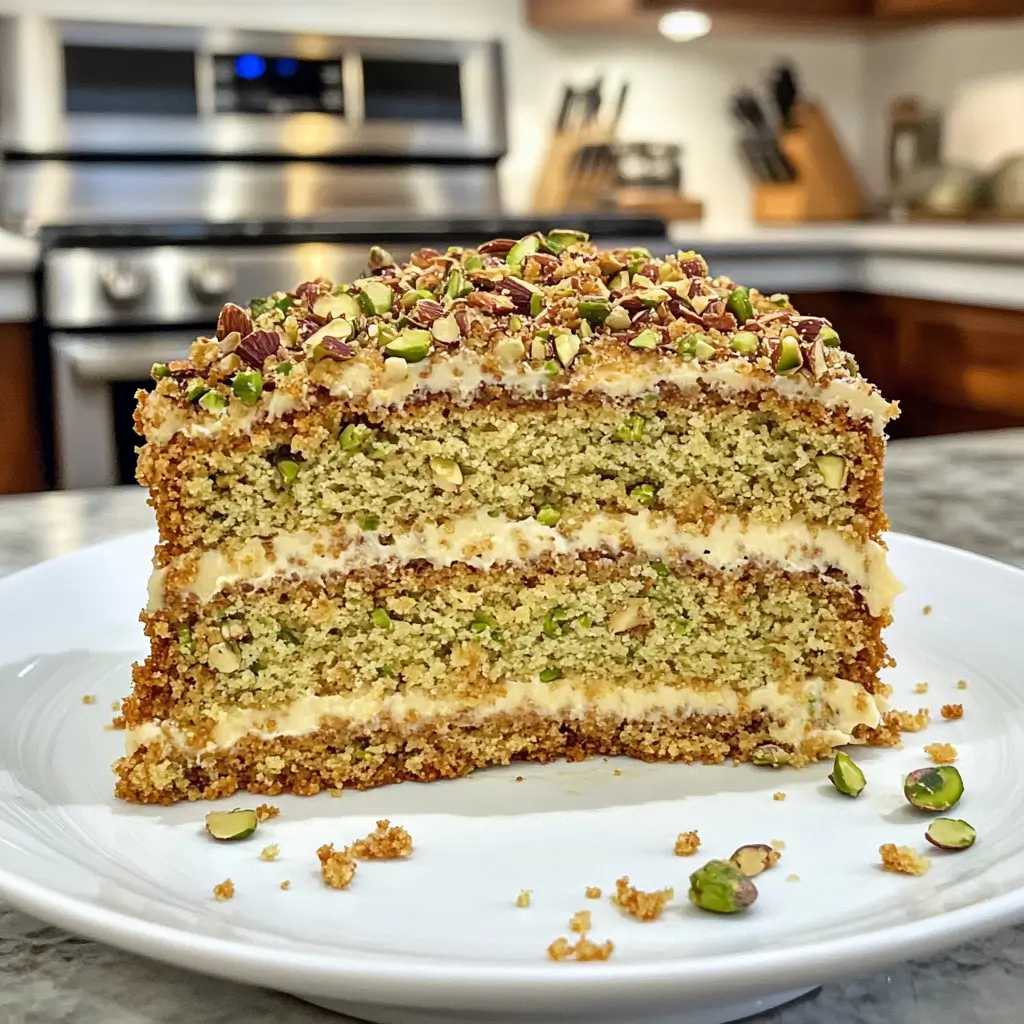 Homemade Pistachio Almond Cake with crushed nuts on top, served on a white plate.