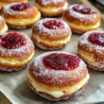 Fluffy raspberry cheesecake stuffed donuts dusted with powdered sugar